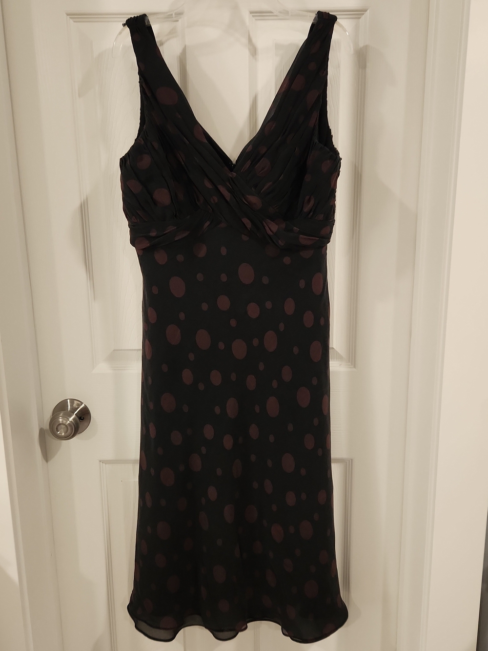 Anne Klein 100% Silk Chiffon Dress Sz 14 Black Brown Polka Dot V Neck Y2K